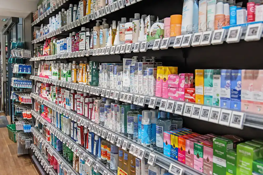 Rayon de pharmacie avec de nombreux produits variés