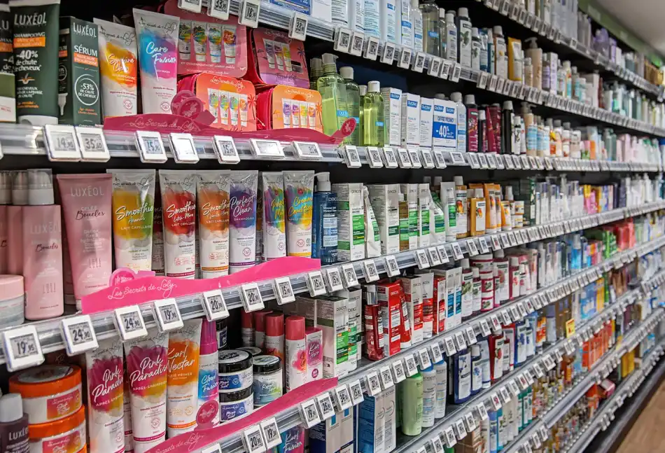 Rayon de pharmacie avec produits variés